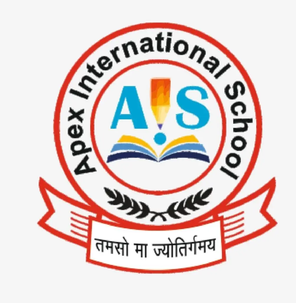 Official circular logo of Apex International School in Manigachhi, Darbhanga, featuring the acronym AIS with a pencil, open book graphic, and a laurel wreath decoration.
