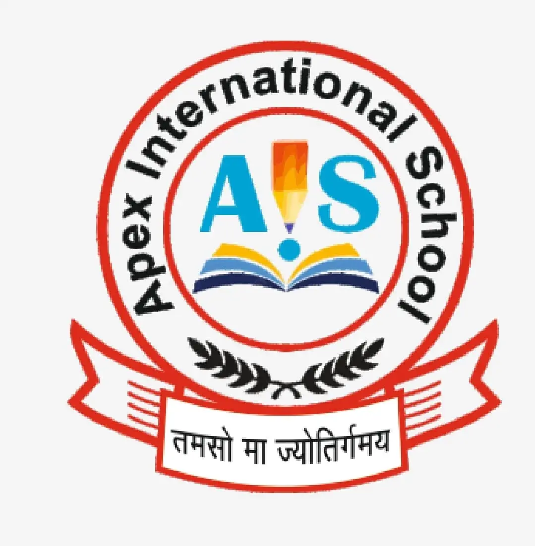 Official circular logo of Apex International School in Manigachhi, Darbhanga, featuring the acronym AIS with a pencil, open book graphic, and a laurel wreath decoration.