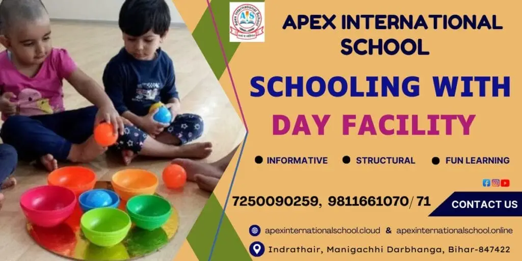 An enrollment banner for Apex International School, known as the best school in Indrathair, manigachhi & darbhanga, showcasing its schooling with day facility. This top school in Indrathair, Manigachhi & darbhanga features young toddlers engaged in fun learning activities with colorful sorting bowls and balls. As a premium school in Indrathair, manigachhi & darbhanga, it emphasizes informative, structural, and fun learning environments. The banner showcases contact details 7250090259 and 9811661070/71 for the best CBSE school in Indrathair, Manigachhi & darbhanga, serving as an excellent school in Indrathair, Manigachhi & darbhanga located at Indrathair, Manigachhi Darbhanga, Bihar-847422.