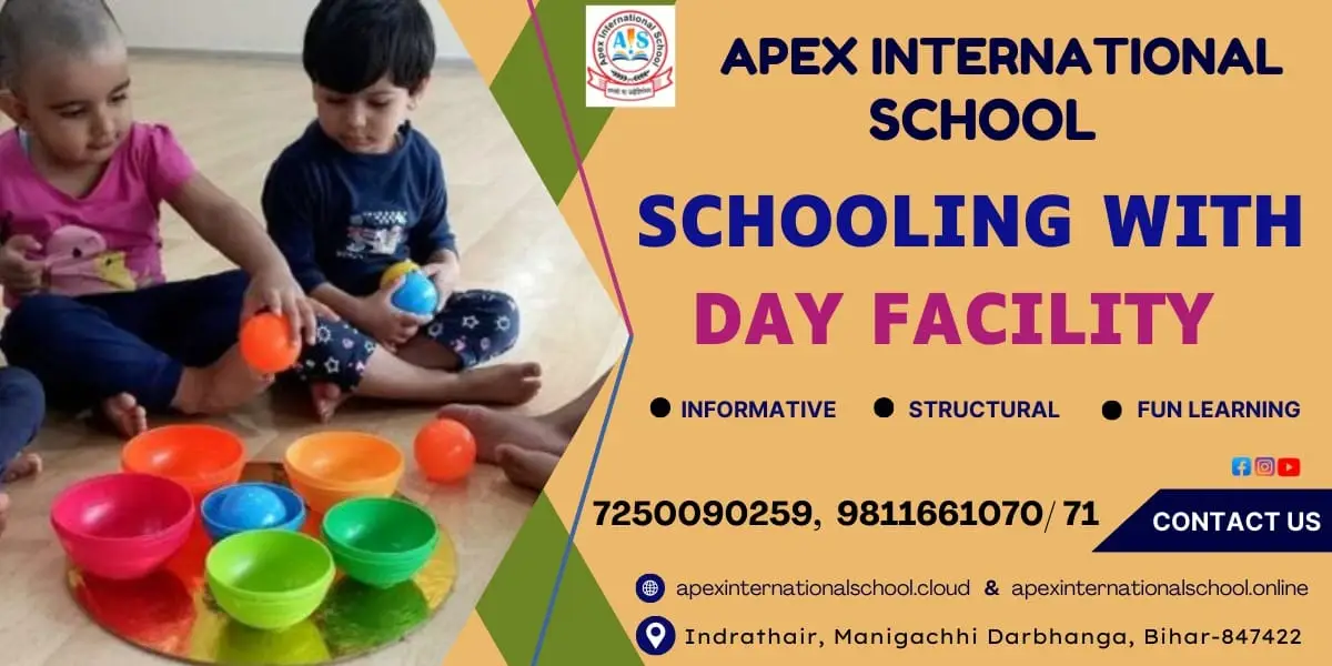 An enrollment banner for Apex International School, known as the best school in Indrathair, manigachhi & darbhanga, showcasing its schooling with day facility. This top school in Indrathair, Manigachhi & darbhanga features young toddlers engaged in fun learning activities with colorful sorting bowls and balls. As a premium school in Indrathair, manigachhi & darbhanga, it emphasizes informative, structural, and fun learning environments. The banner showcases contact details 7250090259 and 9811661070/71 for the best CBSE school in Indrathair, Manigachhi & darbhanga, serving as an excellent school in Indrathair, Manigachhi & darbhanga located at Indrathair, Manigachhi Darbhanga, Bihar-847422.