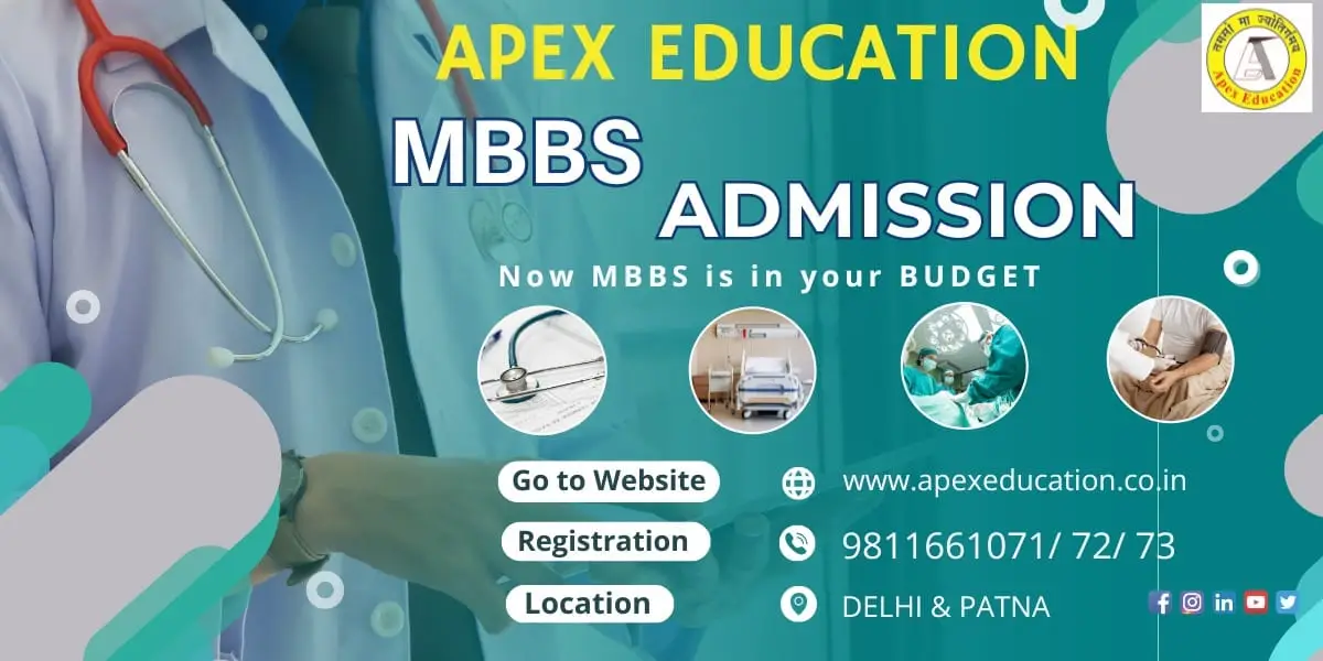 An MBBS consultancy banner from Apex Education highlighting affordable medical admissions in India and abroad. The visual features a doctor in a white lab coat with a stethoscope, alongside medical icons showing a hospital ward, surgical tools, and clinical settings. It promotes low-cost medical degrees with the tagline "Now MBBS is in your budget," listing the official website apexeducation.co.in, phone numbers 9811661071 / 72 / 73, and prominent service locations in Delhi and Patna for medical aspirants.