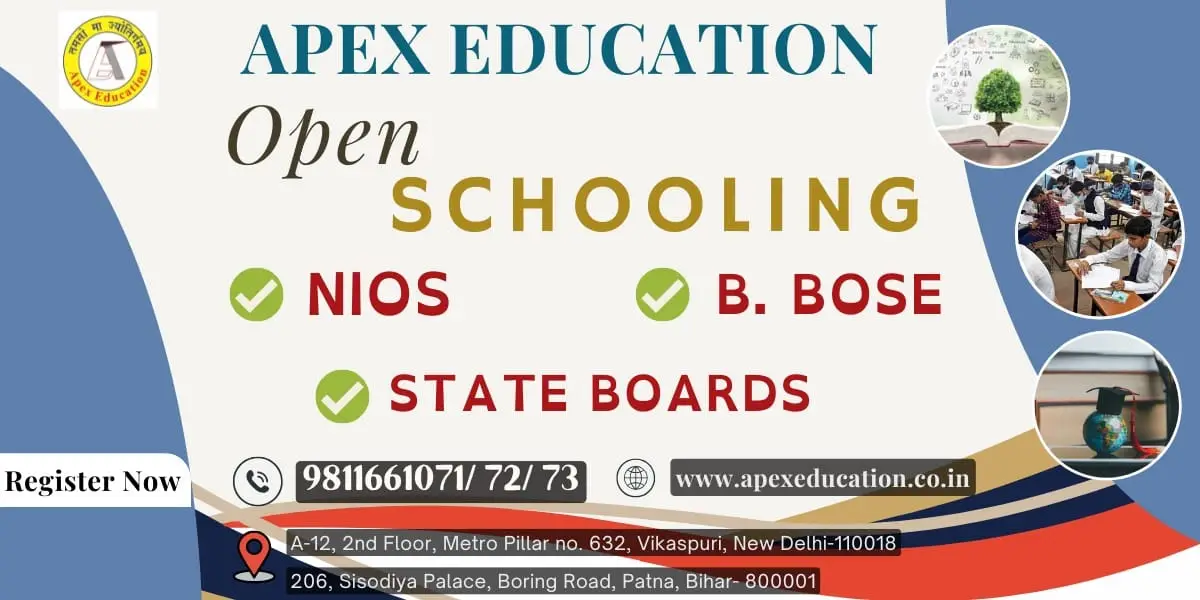 Promotional admission banner for Apex Education Open Schooling program, highlighting enrollment options for NIOS, B. BOSE, and State Boards with addresses in Vikaspuri, New Delhi and Boring Road, Patna.