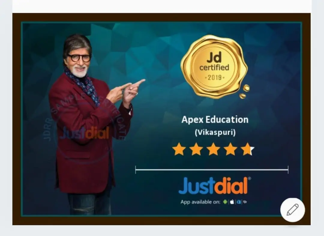 Best institute in Vikaspuri: Justdial certified certificate for Apex Education (Vikaspuri) featuring a 5-star rating badge. This premium banner showcases Bollywood actor Amitabh Bachchan pointing toward a gold "Jd certified 2019" seal, highlighting trusted local services. The promotional graphic displays the official Justdial branding and app availability icons over a geometric teal backdrop with a "JDRR SAMPLE CERTIFICATE" watermark overlay. It acts as an endorsement for top-rated coaching centers, tutorials, and competitive exam preparation institutes looking to build local search trust and credibility for students and parents searching in the Vikaspuri region.