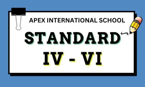 Promotional admission banner for Apex International School Standard IV to VI middle classes, designed like a white clipboard note with a cartoon pencil illustration.