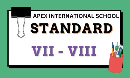 Promotional admission banner for Apex International School Standard VII to VIII high school preparatory classes, styled like a clipboard with a pencil stand graphic.