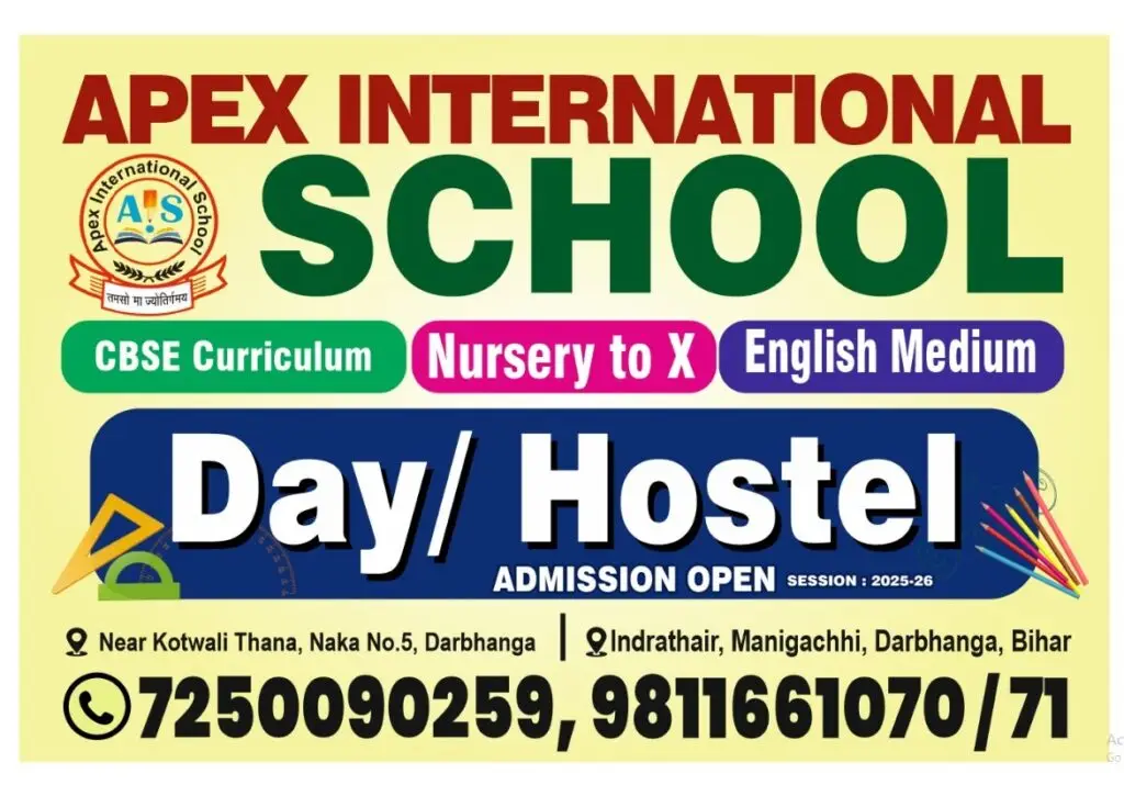 An admission open banner for Apex International School, known as the best school in Indrathair, manigachhi & darbhanga. This top school in Indrathair, Manigachhi & darbhanga features a CBSE Curriculum from Nursery to X and is an English Medium facility with day and hostel options. As a premium school in Indrathair, manigachhi & darbhanga, it stands out as the best CBSE school in Indrathair, Manigachhi & darbhanga and the best English school in Indrathair, manigachhi & darbhanga. The banner lists contact numbers 7250090259 and 9811661070 / 71 for this top English school in Indrathair, Manigachhi & darbhanga, highlighting its status as an excellent CBSE school in Indrathair, manigachhi & darbhanga and an overall excellent school in Indrathair, Manigachhi & darbhanga located infront of Hatia.If you want to optimize your web page further, I can help you create:Targeted meta descriptions using these keywordsStructured heading tags (H1, H2, H3) for your school pageOptimized social media captions for admissions open announcementsLet me know which element you would like to work on next.