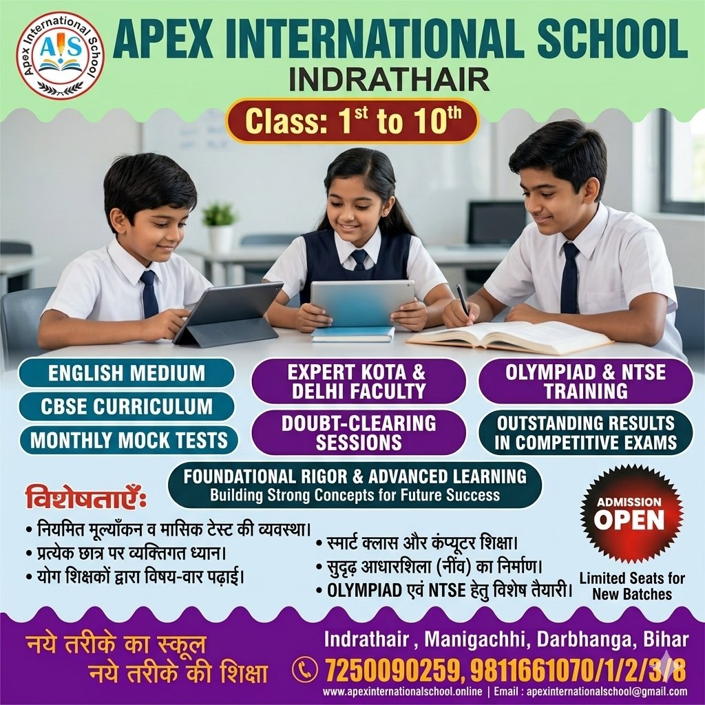 Apex International School Indrathair Manigachhi Darbhanga integrated academic coaching poster for Class 1st to 10th students featuring expert Kota and Delhi faculty, Olympiad and NTSE training, and comprehensive CBSE curriculum support.