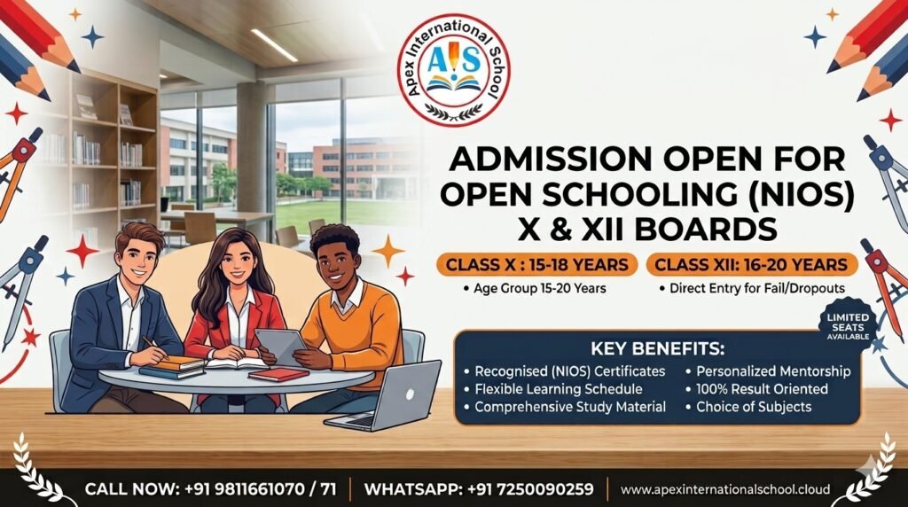 Horizontal admission open banner for NIOS Open Schooling X and XII Boards at Apex International School, showing three teenage students studying at a wooden table with laptops and books in front of a modern campus background.