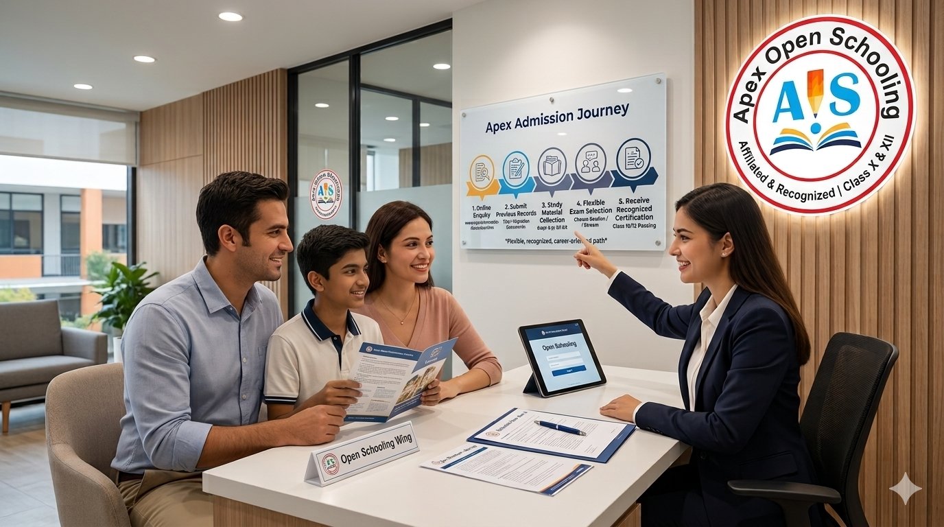 Apex International School Indrathair open schooling admission and inquiry desk banner for Class X and XII featuring a senior student aged 15-18 with parents consulting an academic counselor.