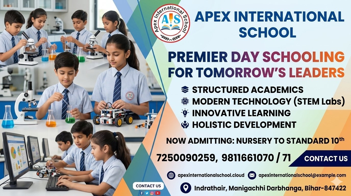 Students aged 5 to 14 engaging in science and robotics experiments inside the high-tech STEM lab at Apex International School, Manigachhi, Darbhanga.