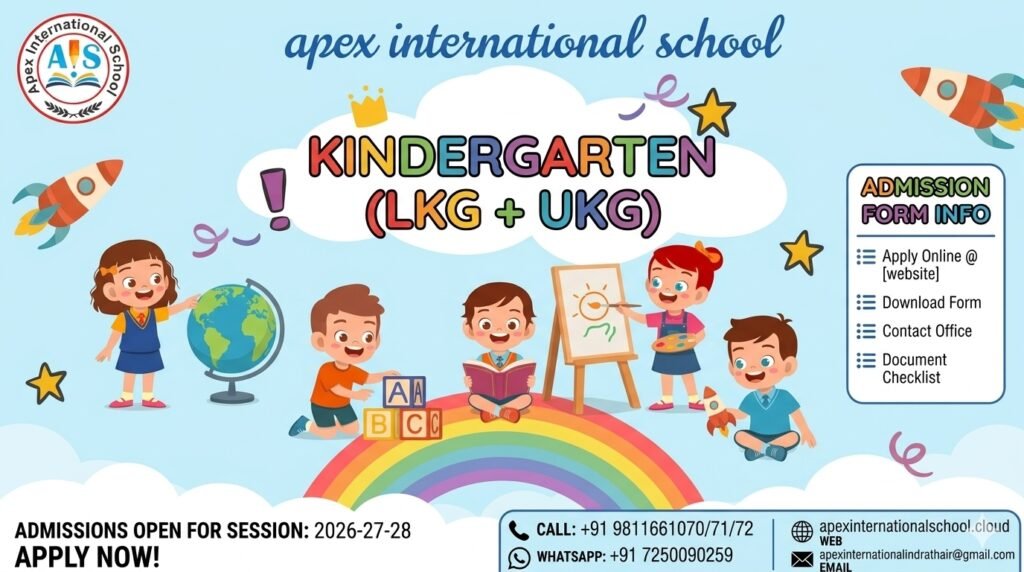Horizontal promotional flex banner for the Kindergarten LKG and UKG section at Apex International School, showing happy cartoon students learning with books, an art easel, and a globe.