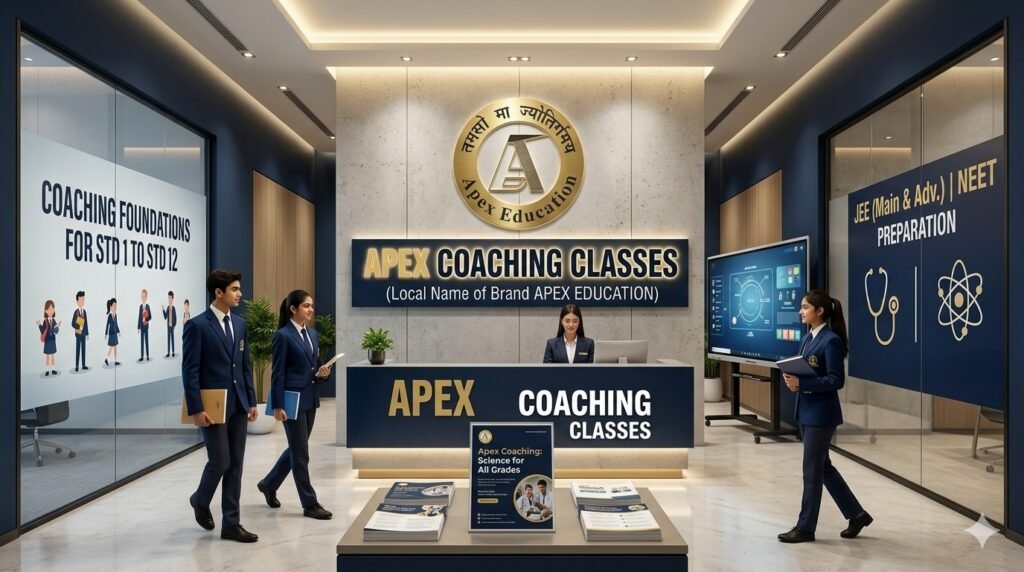Modern lobby and front reception desk of Apex Coaching Classes, featuring the official golden Apex Education logo, a receptionist, high-definition digital smart boards, and students in dark navy blue uniforms walking with textbooks.