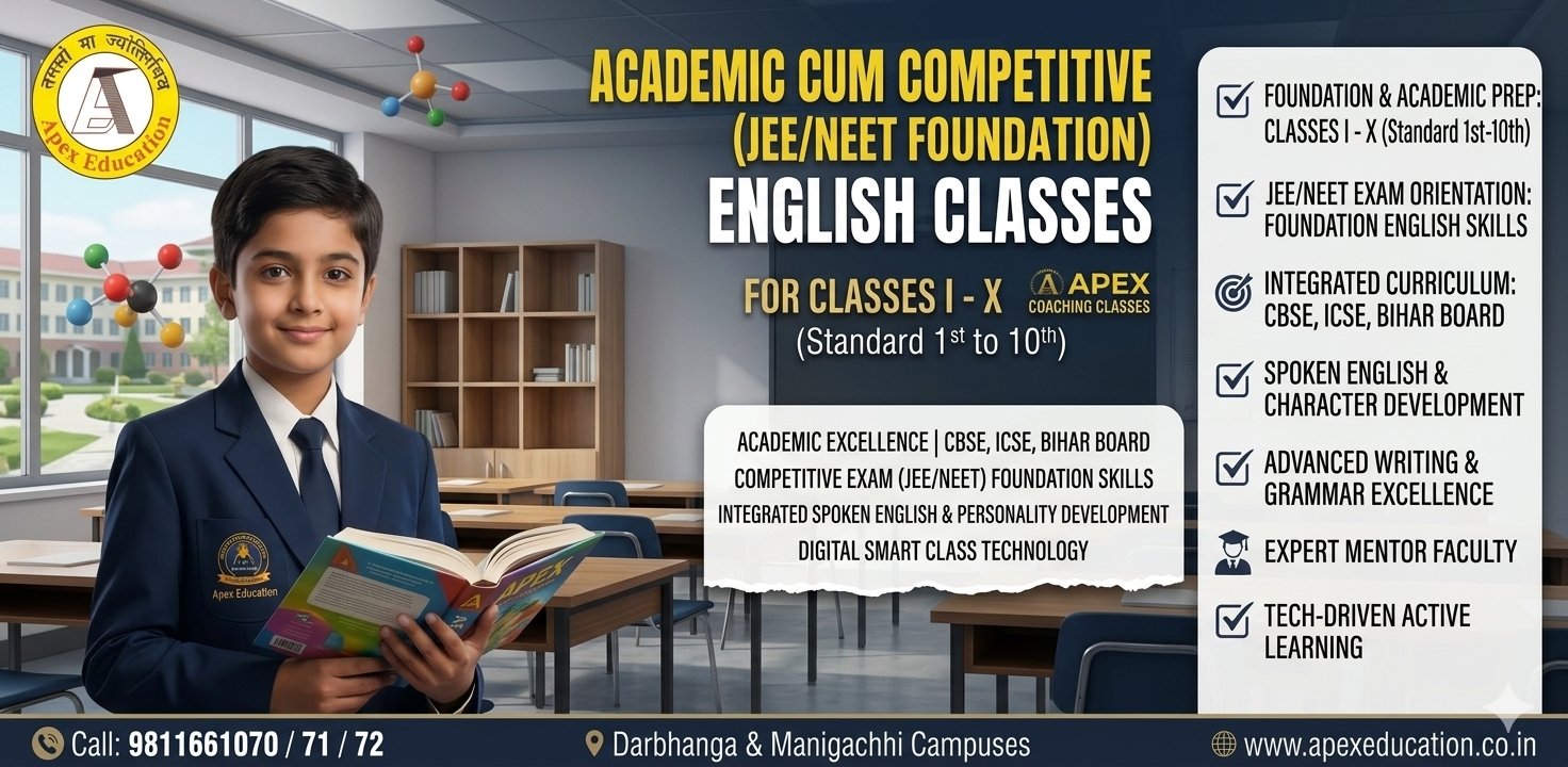 Professional website banner for school foundation programs by Apex, a renowned educational institution providing excellent academic and competitive JEE or NEET English classes for Classes 1 to 10 in Manigachhi, Darbhanga, Madhubani, Samastipur, and Sitamarhi districts.