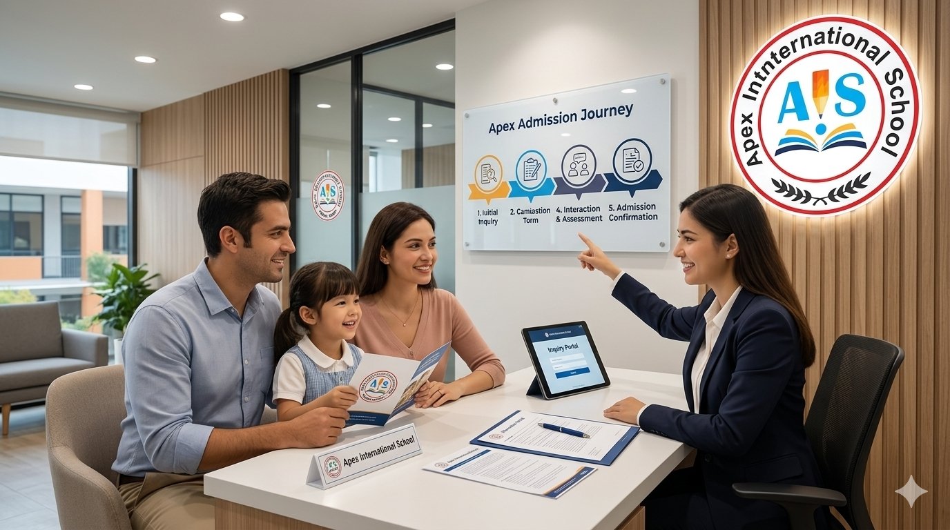 Apex International School Indrathair admission procedure and inquiry desk banner featuring a family with their child consulting an admissions officer under the official school logo.
