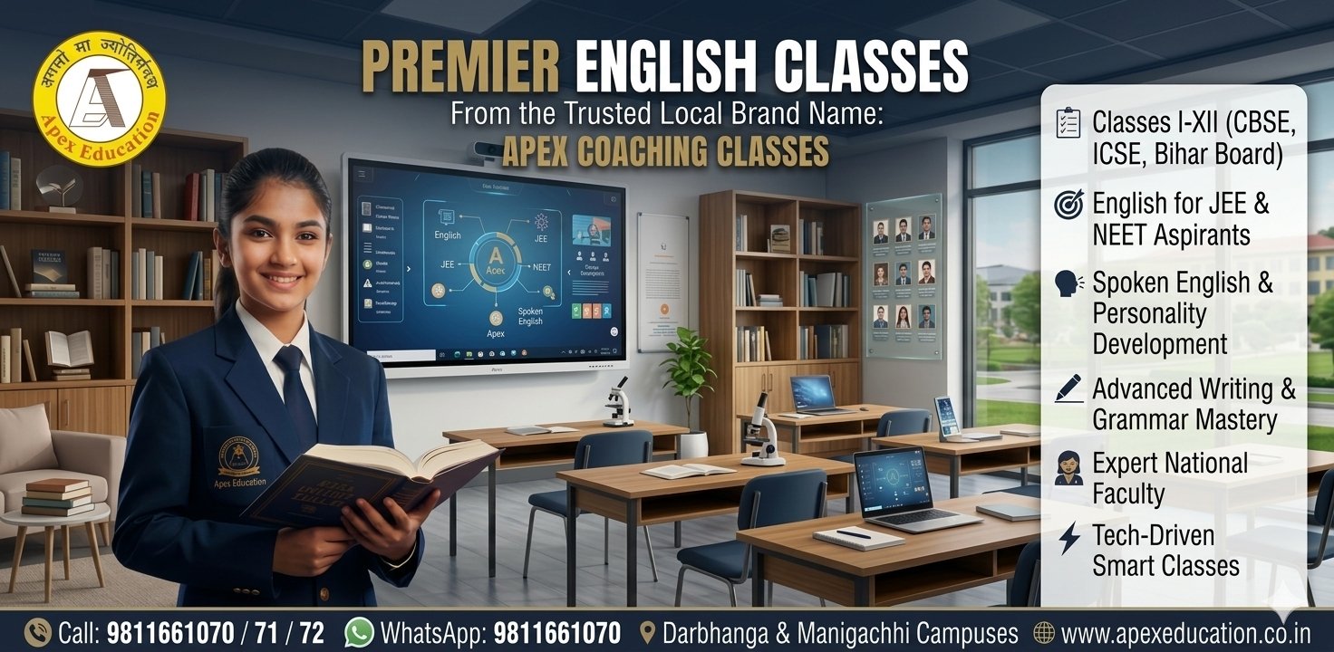 Professional smart classroom banner for Premier English Classes by Apex, a renowned educational institution providing excellent communication, grammar, and board exam coaching for students across Manigachhi, Darbhanga, Madhubani, Samastipur, and Sitamarhi districts.