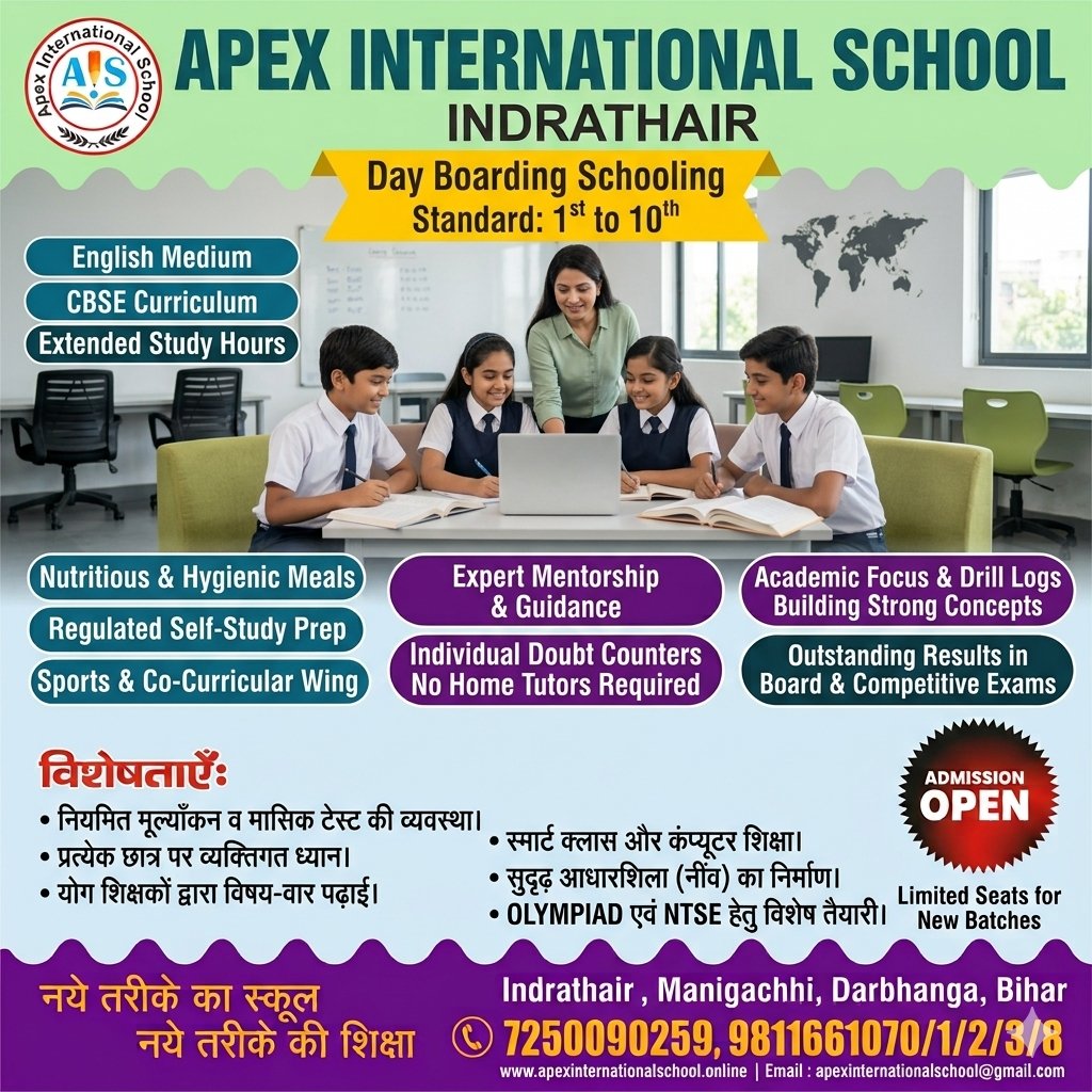 Apex International School Indrathair Manigachhi Darbhanga Day Boarding Schooling poster for Standard 1st to 10th featuring supervised study hours, nutritious meals, expert mentorship, and individual doubt counters.