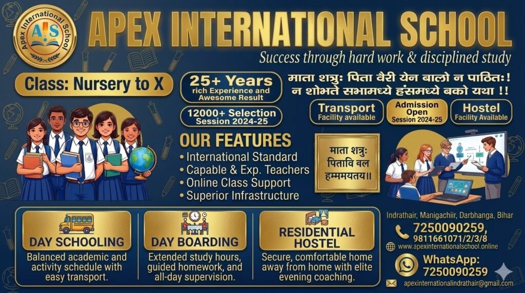 Apex International School Indrathair Manigachhi Darbhanga premium CBSE residential school overview banner featuring integrated coaching features, day boarding, and hostel facility details.