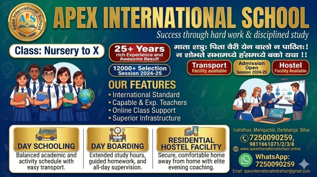 Apex International School Indrathair Manigachhi Darbhanga premium CBSE residential school overview banner featuring integrated coaching features, day boarding, and hostel facility details.