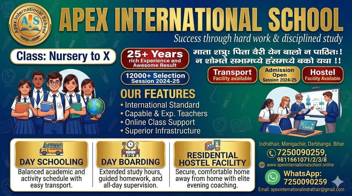 Apex International School Indrathair Manigachhi Darbhanga premium CBSE residential school overview banner featuring integrated coaching features, day boarding, and hostel facility details.